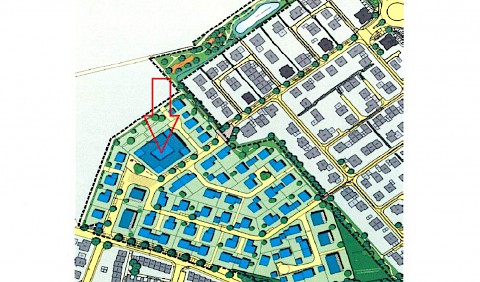 Das dem Bebauungsplan zu Grunde liegende städtebauliche Konzept, das fragliche Baufeld ist durch den roten Pfeil markiert