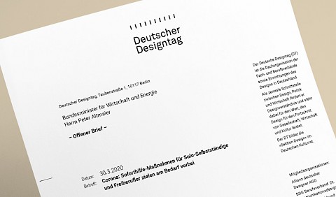 Bereits Ende März hatte der Deutsche Designtag sich bei Bundeswirtschaftsminister Altmaier um zielgenaue Soforthilfen für Kulturschaffende bemüht.